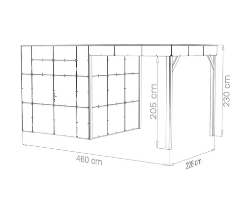 Technische Zeichnung eines Gartenhauses mit integriertem Carport mit Maßangaben in Zentimeter