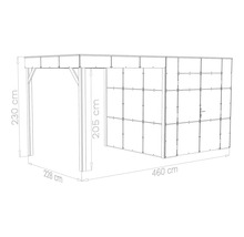 Technische Skizze eines Carports mit integriertem Geräteraum inklusive Bemaßungen in Zentimetern.