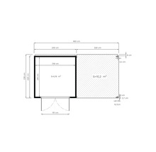 Technische Zeichnung eines Gartenhauses mit Terrasse mit allen Maßangaben in Zentimetern und Flächenangaben in Quadratmetern.