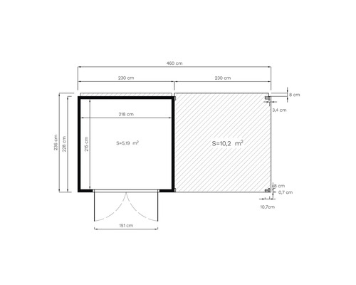 Technische Zeichnung eines Gartenhauses mit Terrasse mit allen Maßangaben in Zentimetern und Flächenangaben in Quadratmetern.