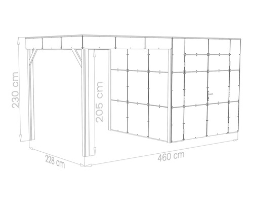 Technische Skizze eines Carports mit integriertem Geräteraum inklusive Bemaßungen in Zentimetern.