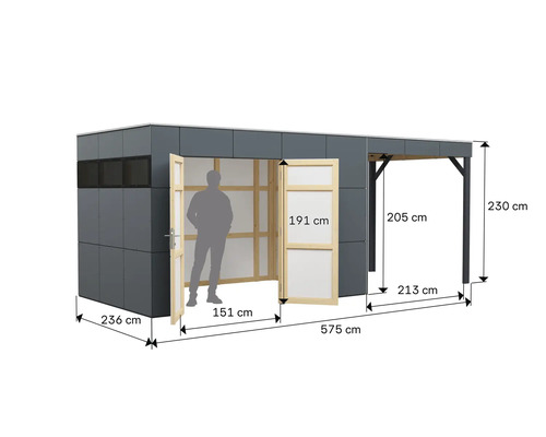 Modernes Gartenhaus mit integriertem Schleppdach inklusive Maßangaben und menschlicher Silhouette zur Größeneinschätzung.