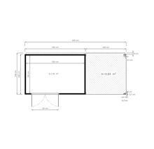 Technische Zeichnung eines Gartenhauses mit Terrasse mit allen Maßen und Flächenangaben in Zentimetern und Quadratmetern.
