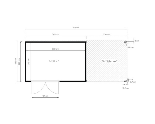 Technische Zeichnung eines Gartenhauses mit Terrasse mit allen Maßen und Flächenangaben in Zentimetern und Quadratmetern.