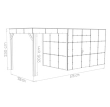 Technische Zeichnung eines Carports mit integriertem Geräteschuppen und Maßangaben in Zentimetern.