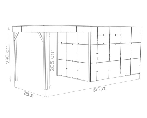 Technische Zeichnung eines Carports mit integriertem Geräteschuppen und Maßangaben in Zentimetern.