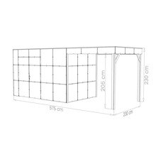 Technische Zeichnung eines Gartenhauses mit integriertem Carport und Maßen mit einer Breite von 575 Zentimeter und einer Höhe von 230 Zentimeter.