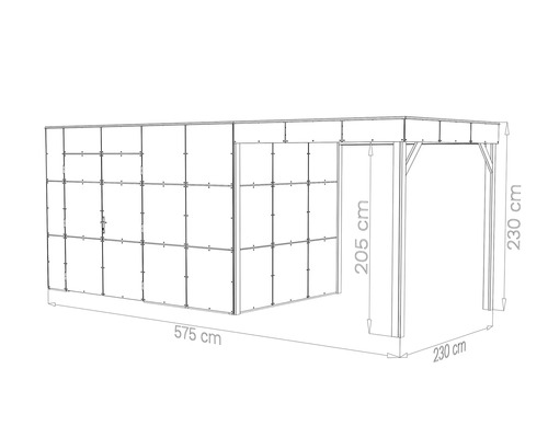 Technische Zeichnung eines Gartenhauses mit integriertem Carport und Maßen mit einer Breite von 575 Zentimeter und einer Höhe von 230 Zentimeter.