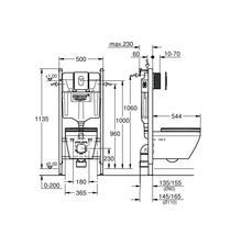 Technische Zeichnung des Grohe Rapid SL Installationssystems für Wand-WCs mit genauen Maßen in Vorderansicht und Seitenansicht.