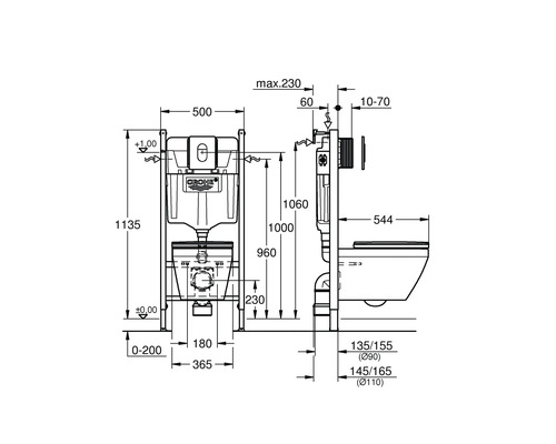 Technische Zeichnung des Grohe Rapid SL Installationssystems für Wand-WCs mit genauen Maßen in Vorderansicht und Seitenansicht.