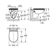 Technische Zeichnung für ein Wand-WC mit genauen Maßangaben in Millimetern für die Montage.