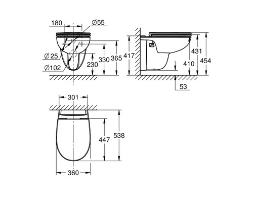 Technische Zeichnung für ein Wand-WC mit genauen Maßangaben in Millimetern für die Montage.