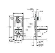 Technische Zeichnung mit Maßen für das Grohe WC-Vorwandelement Rapid SL.