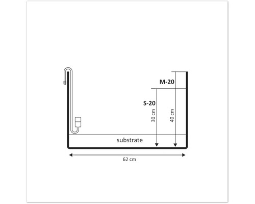 Technische Zeichnung mit Maßangaben für Aquarium-Modelle S-20 und M-20 mit 62 cm Breite und Höhen von 30 cm sowie 40 cm.