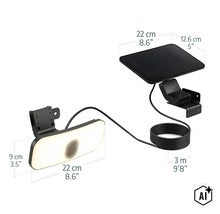 Solar LED Strahler mit beweglichem Solarpanel und 3 Meter Verbindungskabel inklusive Maßangaben zur Produktgröße. (Image AI modified or generated)