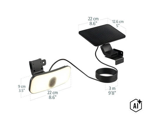 Solar LED Strahler mit beweglichem Solarpanel und 3 Meter Verbindungskabel inklusive Maßangaben zur Produktgröße. (Image AI modified or generated)