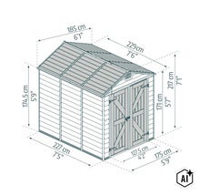 Maßzeichnung eines Gartenhauses mit Doppeltür und Satteldach inklusive Bemaßungen in Zentimeter und Fuß. (Image AI modified or generated)