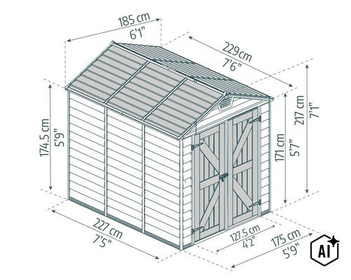 Maßzeichnung eines Gartenhauses mit Doppeltür und Satteldach inklusive Bemaßungen in Zentimeter und Fuß. (Image AI modified or generated)