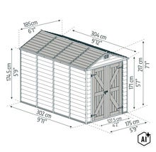 Technische Zeichnung eines Gartenhauses mit Maßangaben in Zentimeter und Fuß für Breite, Tiefe und Höhe sowie Doppeltür. (Image AI modified or generated)
