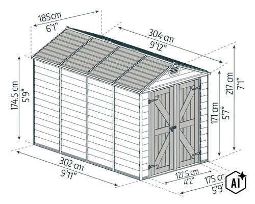 Technische Zeichnung eines Gartenhauses mit Maßangaben in Zentimeter und Fuß für Breite, Tiefe und Höhe sowie Doppeltür. (Image AI modified or generated)