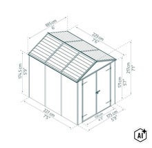 Technische Zeichnung eines Gartenhauses mit Bemaßung in Zentimetern und Fuß (Image AI modified or generated)