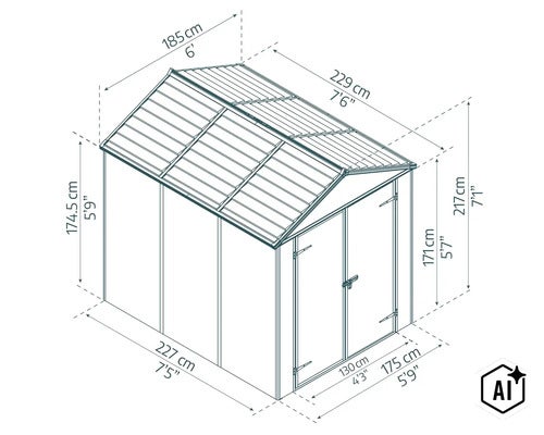 Technische Zeichnung eines Gartenhauses mit Bemaßung in Zentimetern und Fuß (Image AI modified or generated)