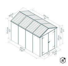 Strichzeichnung eines Gartenhauses mit detaillierten Maßangaben in Zentimetern und Fuß zur Veranschaulichung der Außenabmessungen. (Image AI modified or generated)