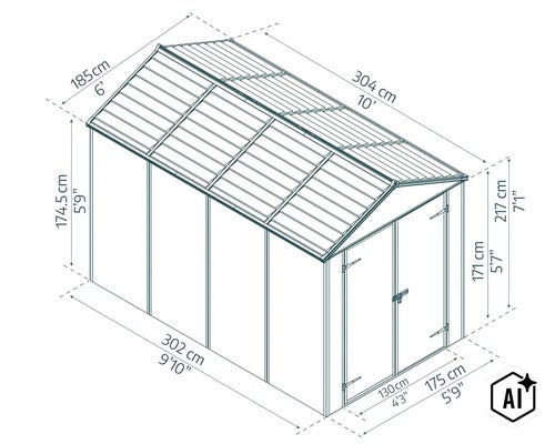 Strichzeichnung eines Gartenhauses mit detaillierten Maßangaben in Zentimetern und Fuß zur Veranschaulichung der Außenabmessungen. (Image AI modified or generated)