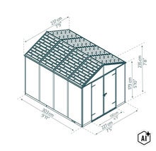 Technische Zeichnung eines Gartenhauses mit Maßangaben für Länge, Breite und Höhe in Zentimeter und Fuß mit Zoll. (Image AI modified or generated)