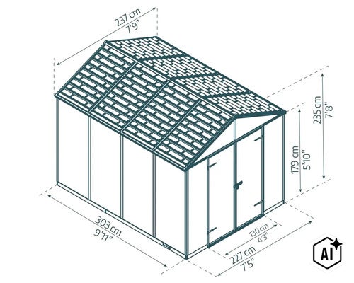 Technische Zeichnung eines Gartenhauses mit Maßangaben für Länge, Breite und Höhe in Zentimeter und Fuß mit Zoll. (Image AI modified or generated)