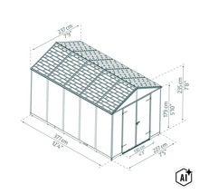 Technische Zeichnung eines Gartenhauses mit detaillierten Maßangaben in Zentimetern und Fuß, inklusive Türbreite und Gesamthöhe. (Image AI modified or generated)
