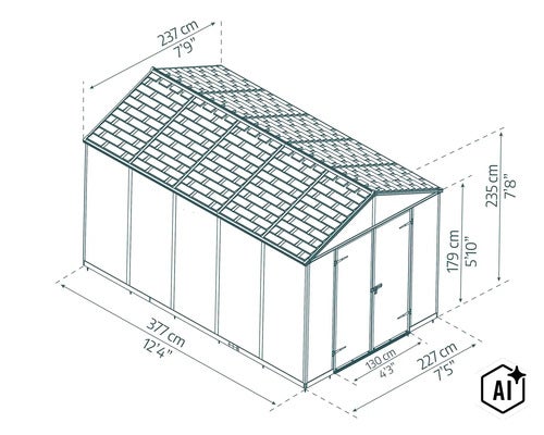 Technische Zeichnung eines Gartenhauses mit detaillierten Maßangaben in Zentimetern und Fuß, inklusive Türbreite und Gesamthöhe. (Image AI modified or generated)