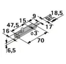 Technische Zeichnung eines Schubriegels mit Maßangaben in Millimeter. Gesamtlänge 70 Millimeter, Breite 16 Millimeter.