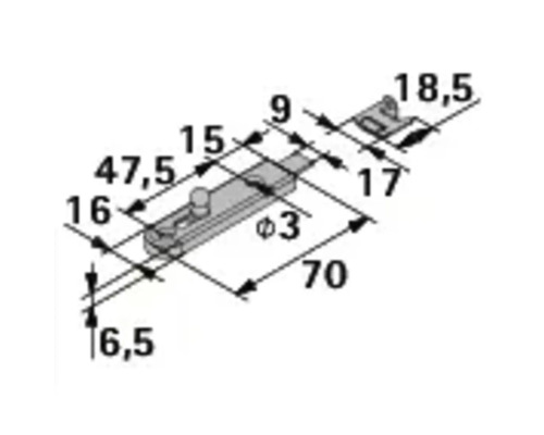 Technische Zeichnung eines Schubriegels mit Maßangaben in Millimeter. Gesamtlänge 70 Millimeter, Breite 16 Millimeter.