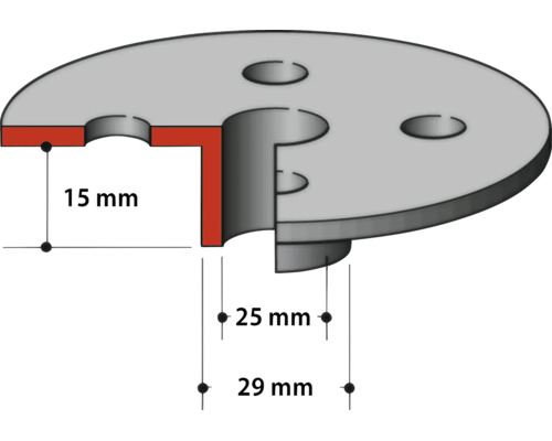 Technische Zeichnung einer Metallplatte: Höhe 15 Millimeter, Innendurchmesser 25 Millimeter und Außendurchmesser 29 Millimeter.