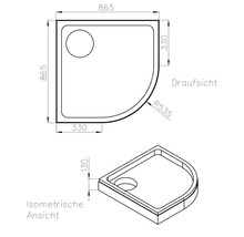 Technische Zeichnung einer Viertelkreis-Duschwanne mit Draufsicht und isometrischer Ansicht, Maße 865 mal 865 Millimeter, Höhe 130 Millimeter.