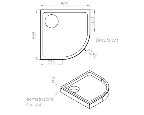 Technische Zeichnung einer Viertelkreis-Duschwanne mit Draufsicht und isometrischer Ansicht, Maße 865 mal 865 Millimeter, Höhe 130 Millimeter.