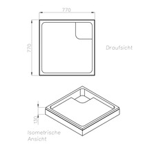 Maßzeichnung einer quadratischen Duschwanne in der Draufsicht und isometrischen Ansicht, 770 mal 770 Millimeter, Höhe 130 Millimeter.