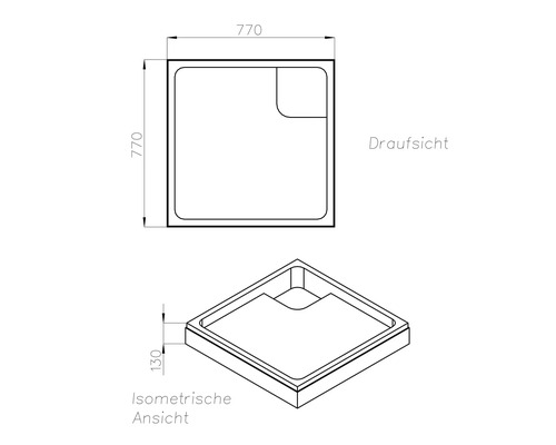 Maßzeichnung einer quadratischen Duschwanne in der Draufsicht und isometrischen Ansicht, 770 mal 770 Millimeter, Höhe 130 Millimeter.