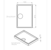 Technische Zeichnung einer rechteckigen Duschwanne mit den Maßen 870 mal 720 mal 130 Millimeter in Draufsicht und isometrischer Ansicht.