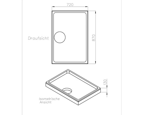 Technische Zeichnung einer rechteckigen Duschwanne mit den Maßen 870 mal 720 mal 130 Millimeter in Draufsicht und isometrischer Ansicht.