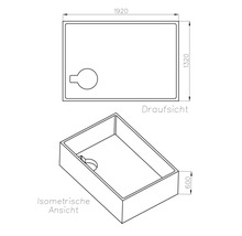Technische Zeichnung eines rechteckigen Beckens in Draufsicht und isometrischer Ansicht mit den Maßen 1920 mal 1320 mal 600.