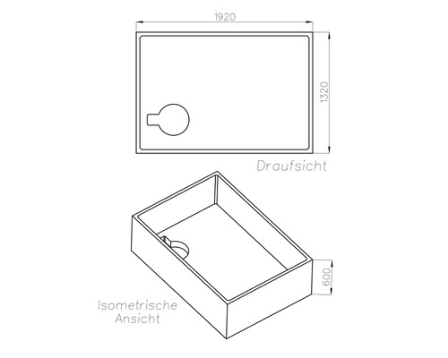 Technische Zeichnung eines rechteckigen Beckens in Draufsicht und isometrischer Ansicht mit den Maßen 1920 mal 1320 mal 600.