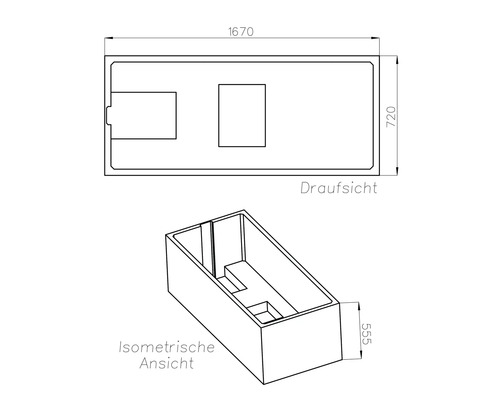 Technische Zeichnung eines rechteckigen Pflanztrogs mit Draufsicht und isometrischer Ansicht. Maße: 1670 mal 720 mal 555 Millimeter.