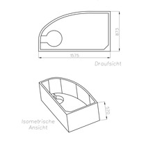 Technische Zeichnung einer asymmetrischen Badewanne, Draufsicht und isometrische Ansicht. Maße: 1575 mal 873 mal 570 Millimeter.