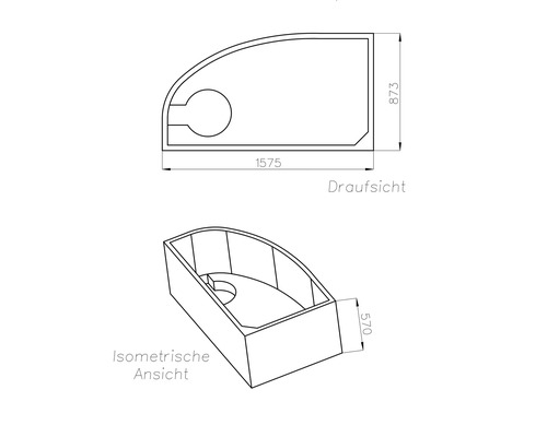 Technische Zeichnung einer asymmetrischen Badewanne, Draufsicht und isometrische Ansicht. Maße: 1575 mal 873 mal 570 Millimeter.