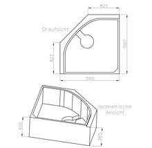 Maßzeichnung einer Eckbadewanne mit Draufsicht und isometrischer Ansicht, 1560 mal 1560 Millimeter.