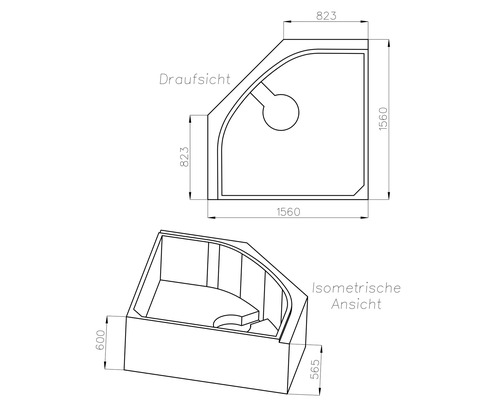 Maßzeichnung einer Eckbadewanne mit Draufsicht und isometrischer Ansicht, 1560 mal 1560 Millimeter.