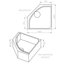 Technische Zeichnung einer Eckbadewanne mit Maßangaben 1460 mal 1460 Millimeter in Draufsicht und isometrischer Ansicht.