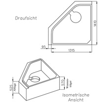 Technische Zeichnung einer Eckbadewanne mit Maßen in Millimetern. Draufsicht und isometrische Ansicht mit Wannenträger.